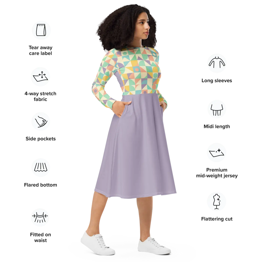 Pastel Geometric Pattern Sleeve Midi - Fitted Waist Dress - DipaliZ