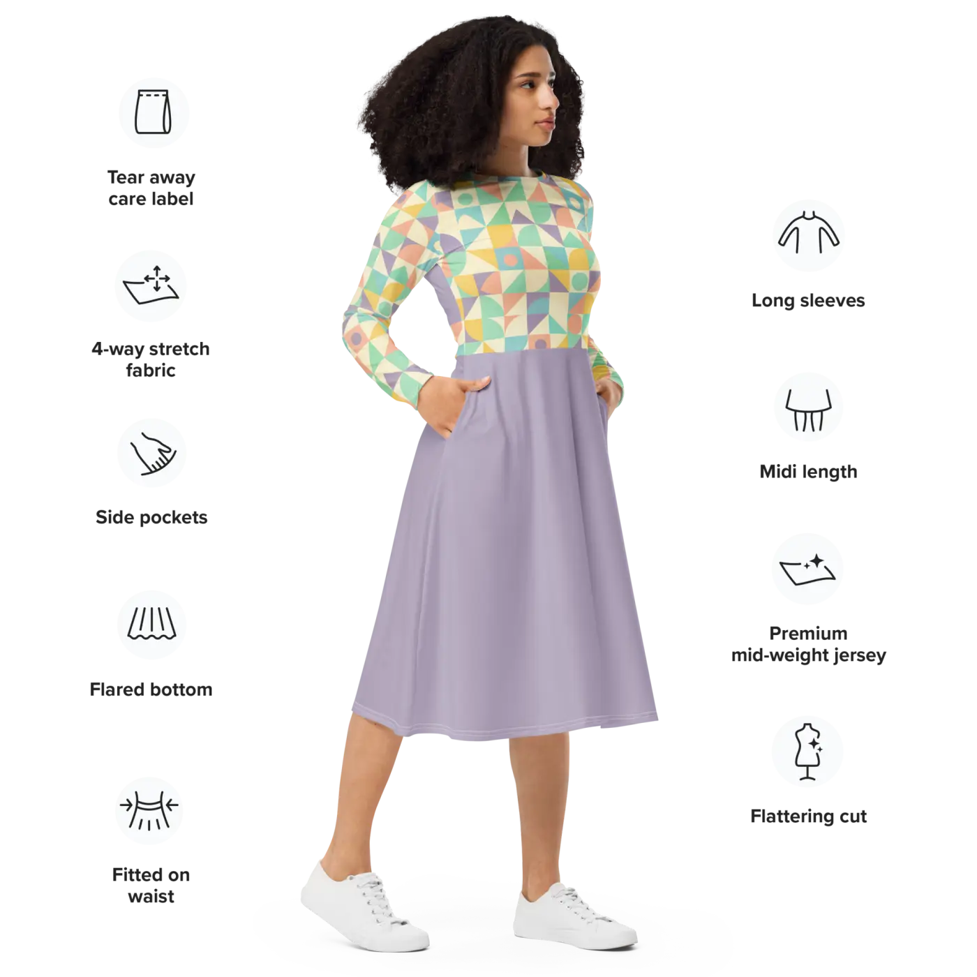 Pastel Geometric Pattern Sleeve Midi - Fitted Waist Dress - DipaliZ