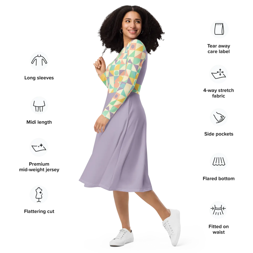Pastel Geometric Pattern Sleeve Midi - Fitted Waist Dress - DipaliZ