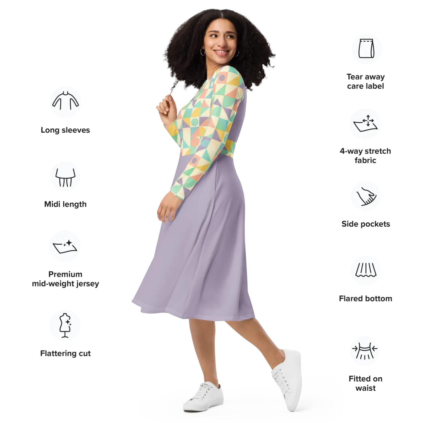 Pastel Geometric Pattern Sleeve Midi - Fitted Waist Dress - DipaliZ
