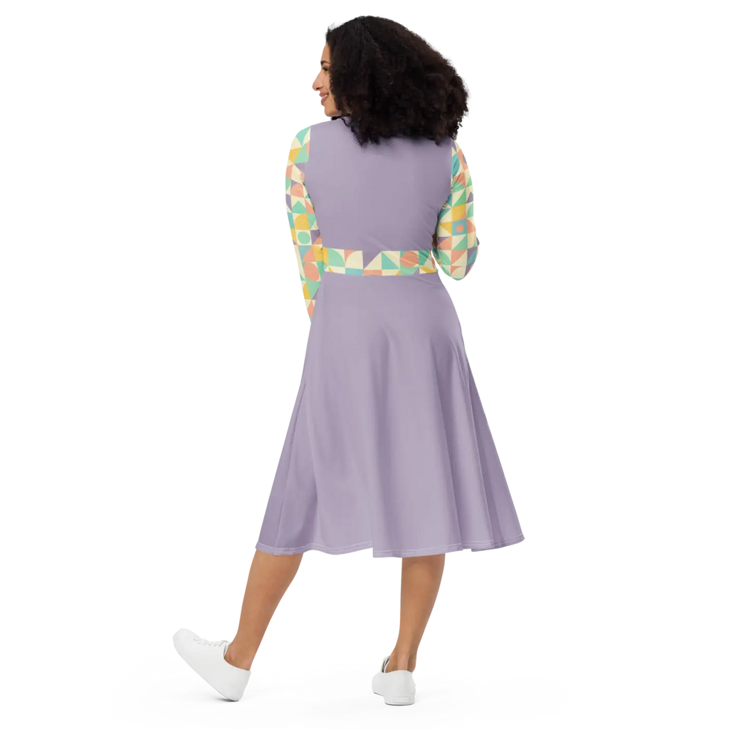 Pastel Geometric Pattern Sleeve Midi - Fitted Waist Dress - DipaliZ