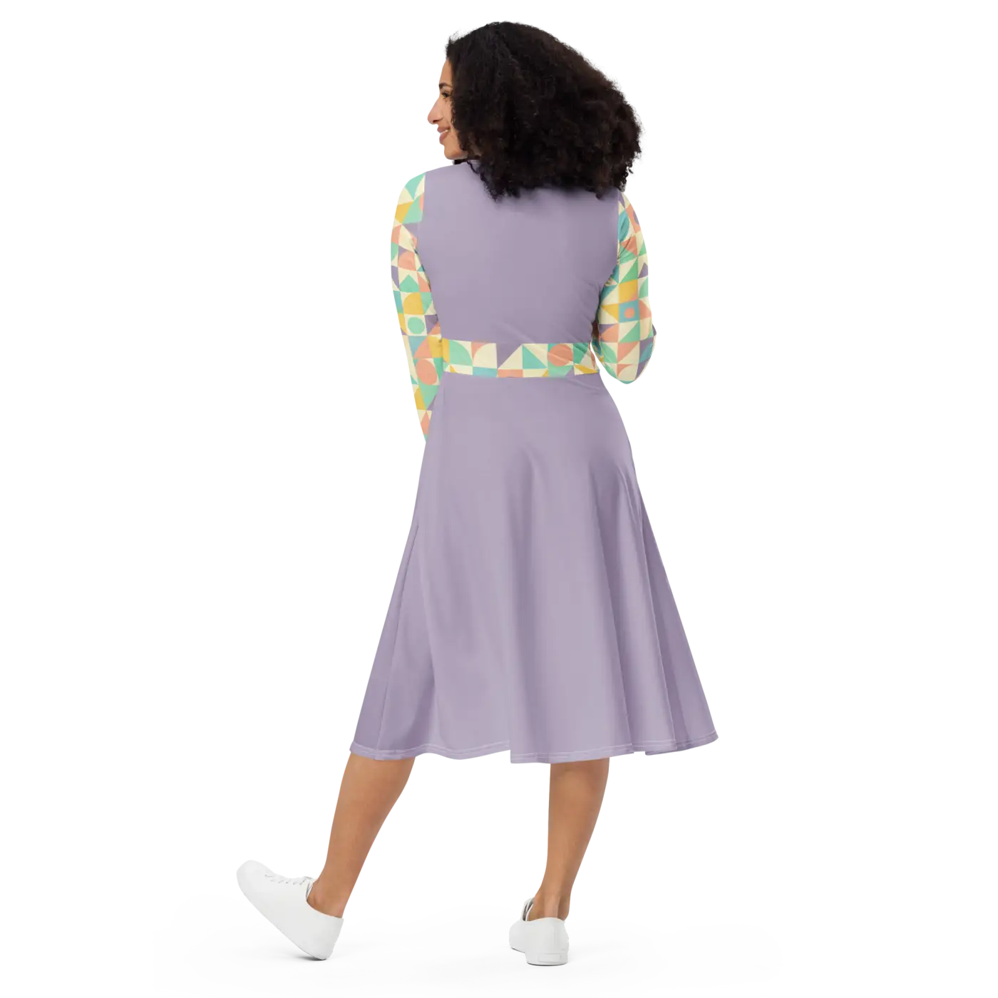 Pastel Geometric Pattern Sleeve Midi - Fitted Waist Dress - DipaliZ
