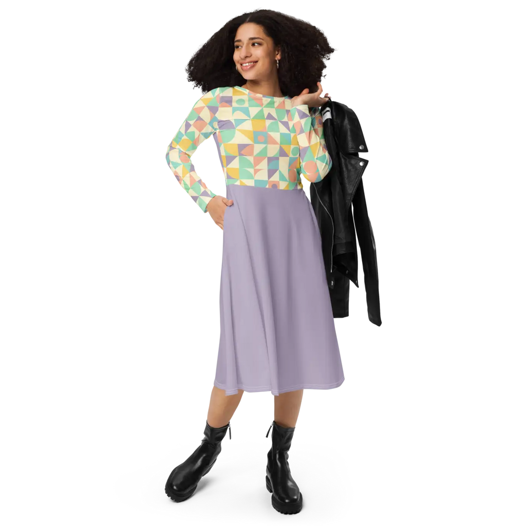 Pastel Geometric Pattern Sleeve Midi - Fitted Waist Dress - DipaliZ