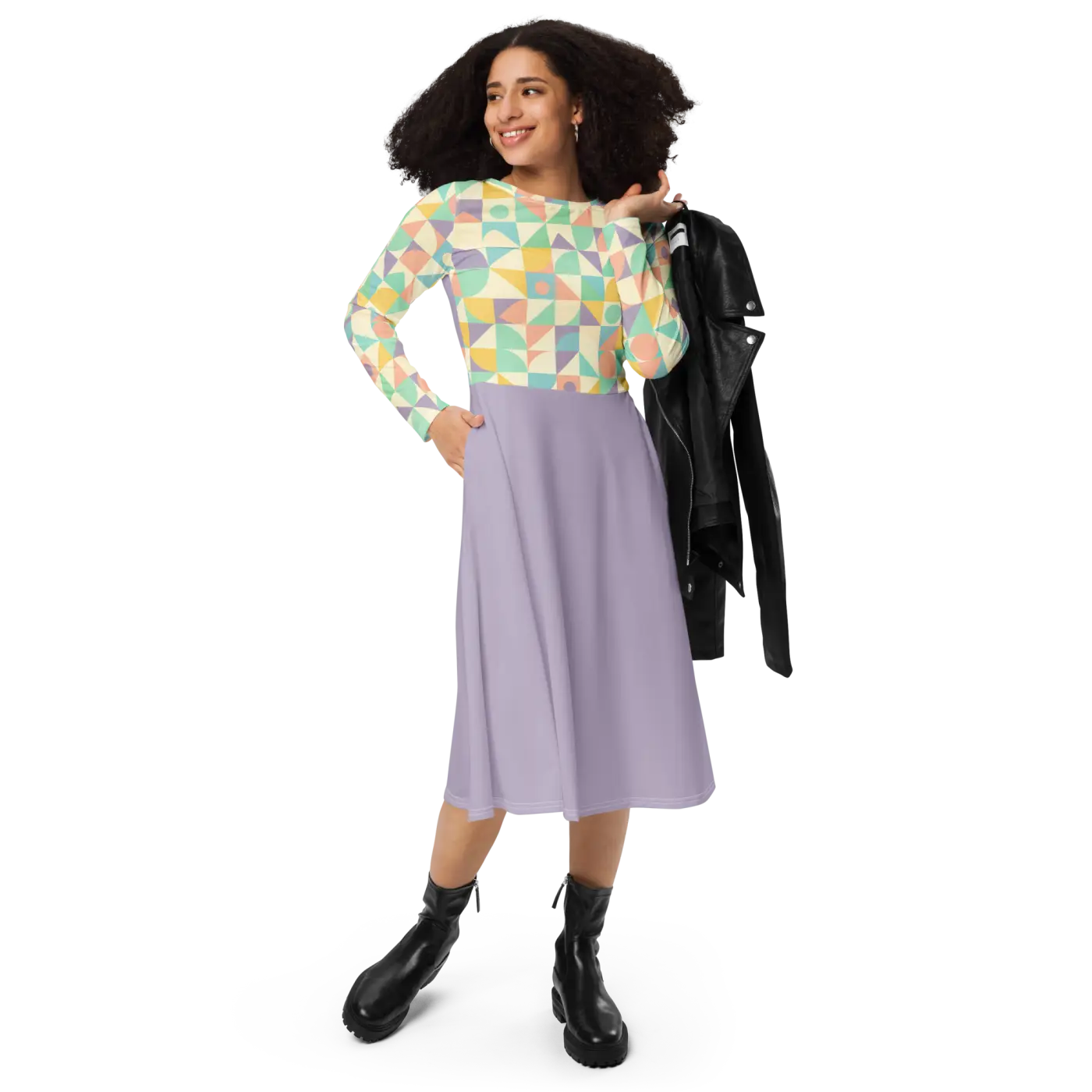 Pastel Geometric Pattern Sleeve Midi - Fitted Waist Dress - DipaliZ