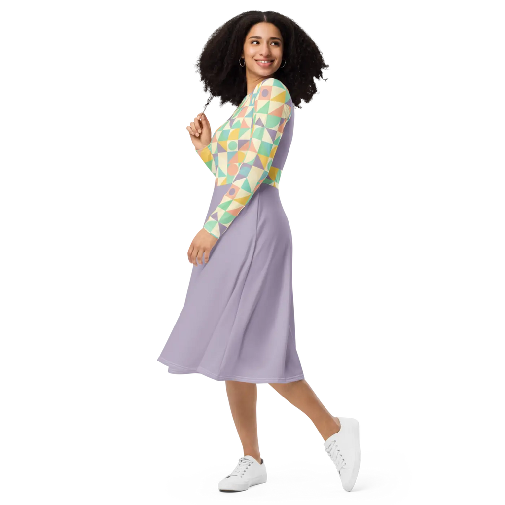Pastel Geometric Pattern Sleeve Midi - Fitted Waist Dress - DipaliZ