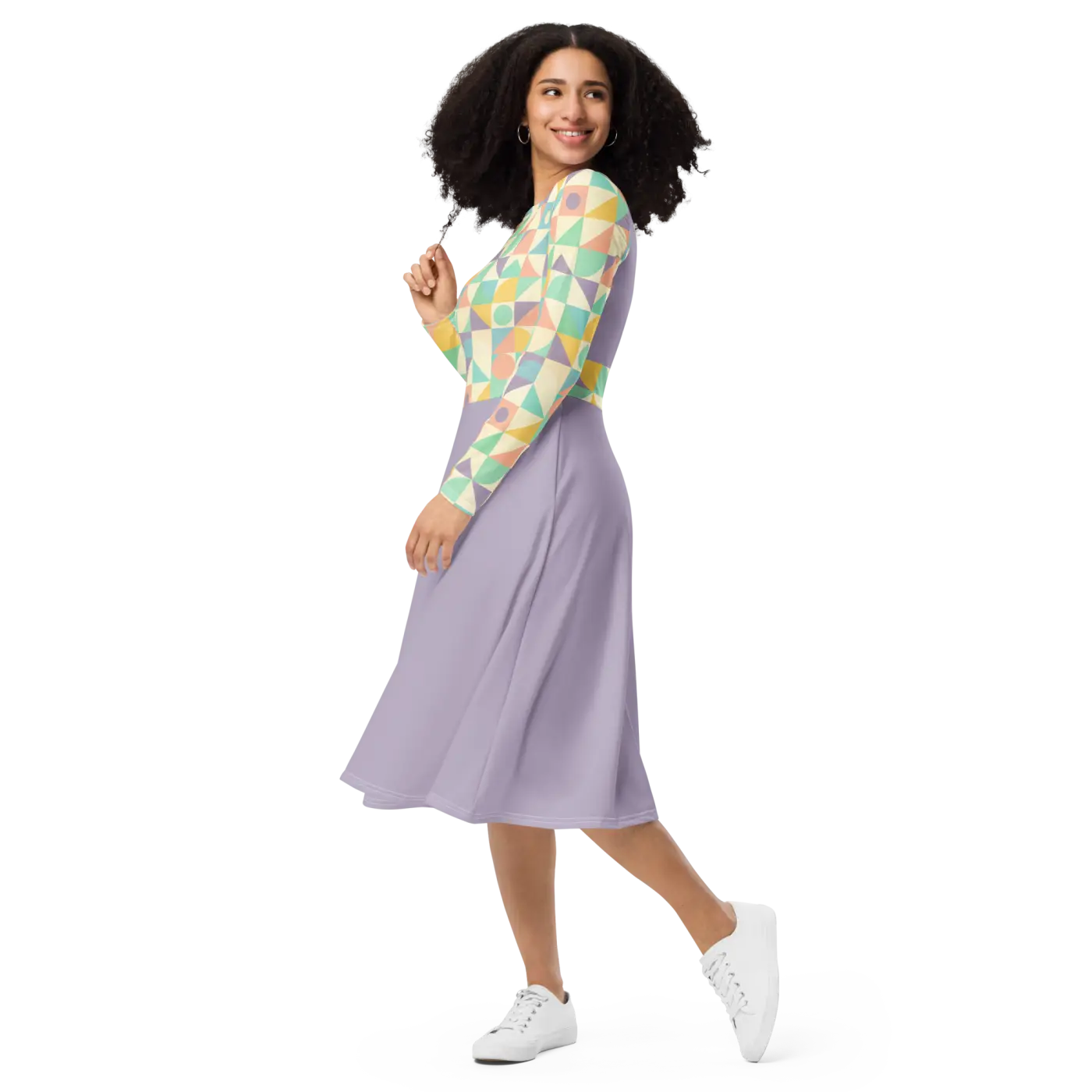 Pastel Geometric Pattern Sleeve Midi - Fitted Waist Dress - DipaliZ