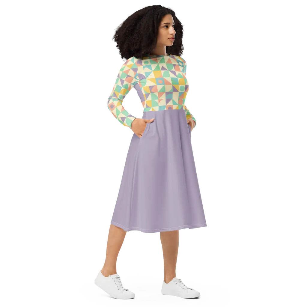 Pastel Geometric Pattern Sleeve Midi - Fitted Waist Dress - DipaliZ