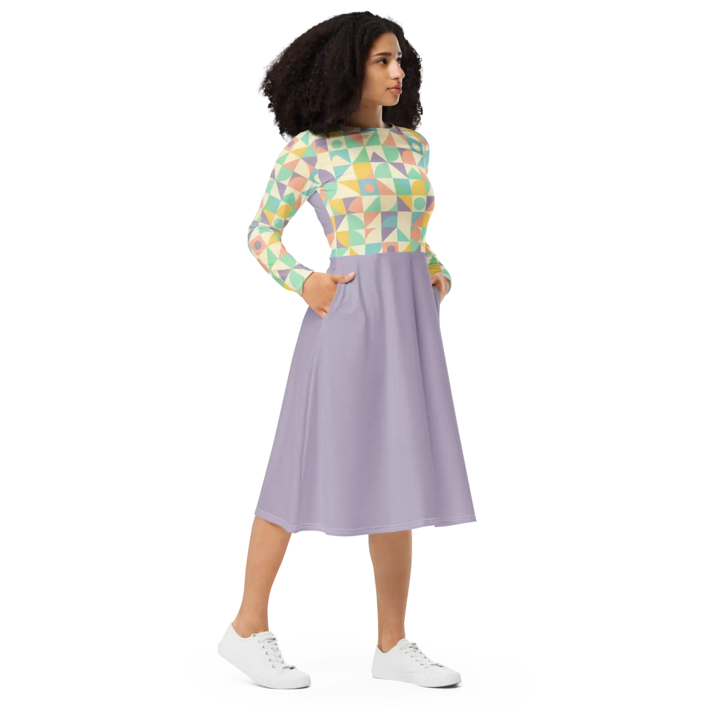 Pastel Geometric Pattern Sleeve Midi - Fitted Waist Dress - DipaliZ