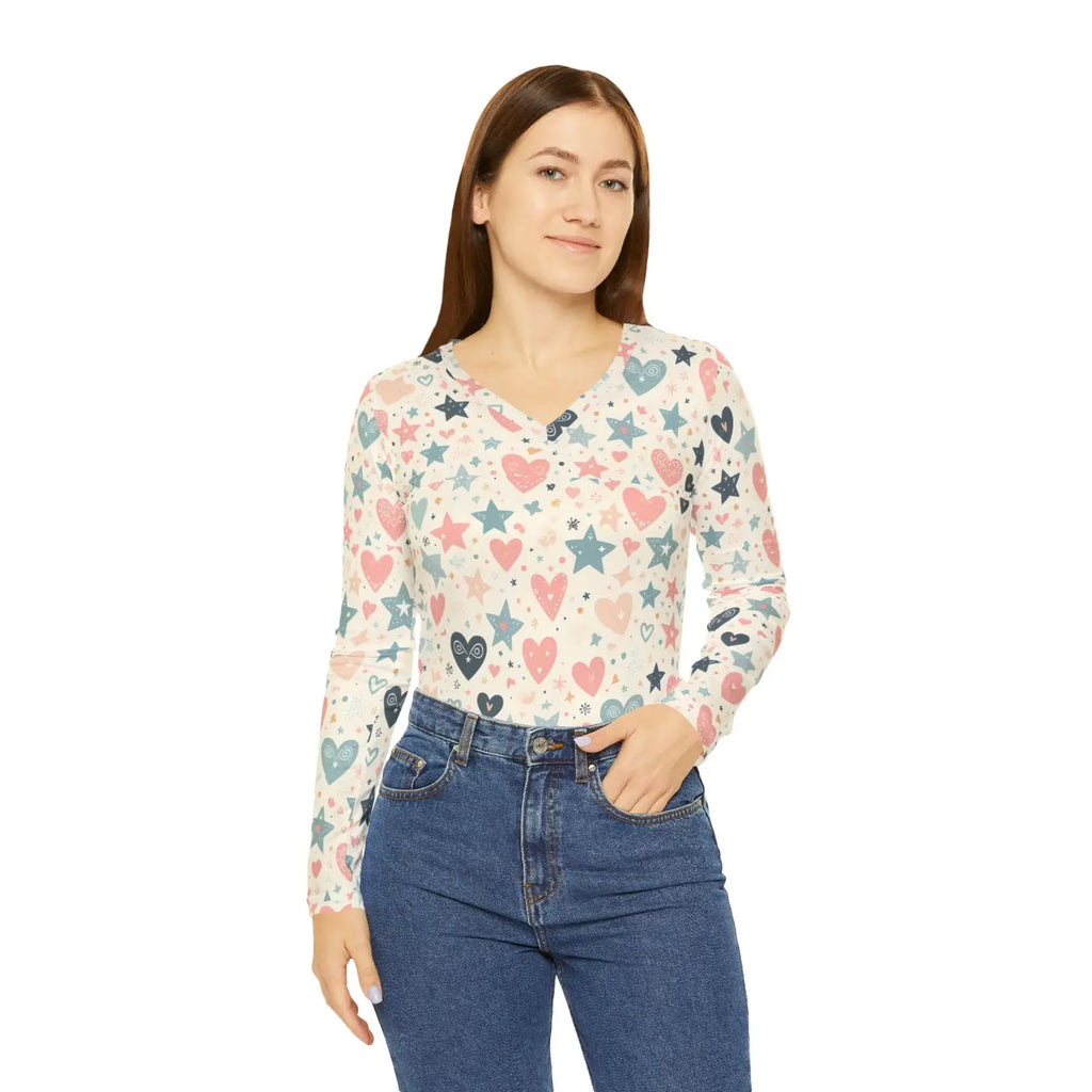 Stylish Pastel Hearts Long Sleeve V-Neck Tee - DipaliZ