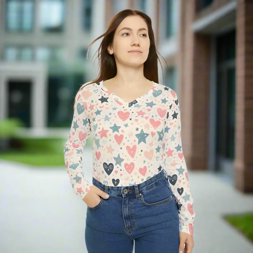 Stylish Pastel Hearts Long Sleeve V-Neck Tee - DipaliZ