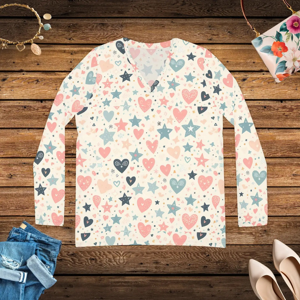 Stylish Pastel Hearts Long Sleeve V-Neck Tee - DipaliZ