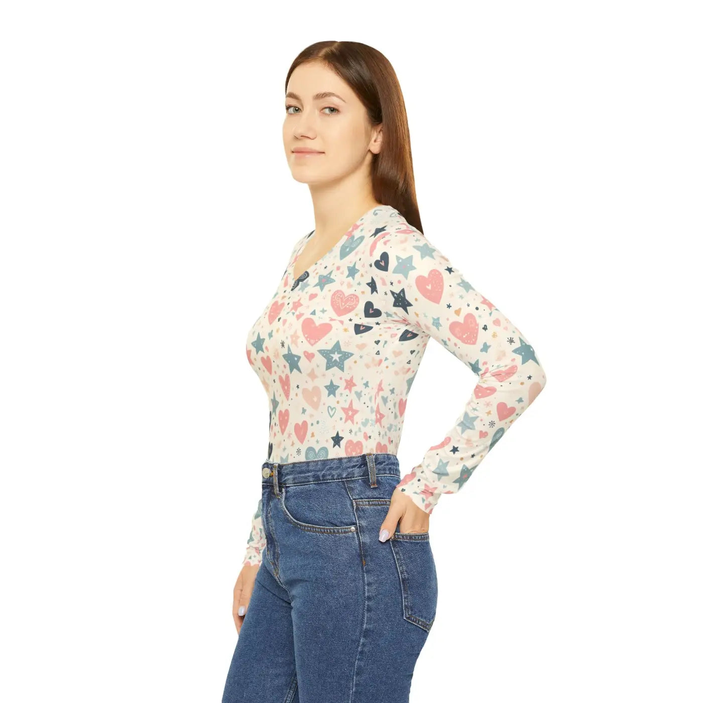 Stylish Pastel Hearts Long Sleeve V-Neck Tee - DipaliZ