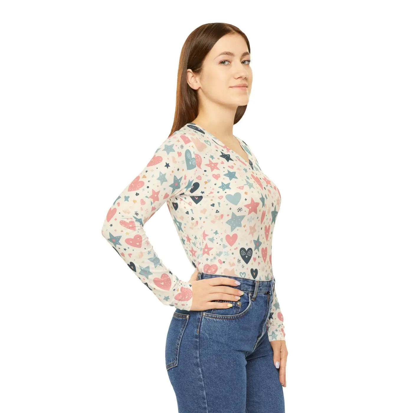 Stylish Pastel Hearts Long Sleeve V-Neck Tee - DipaliZ