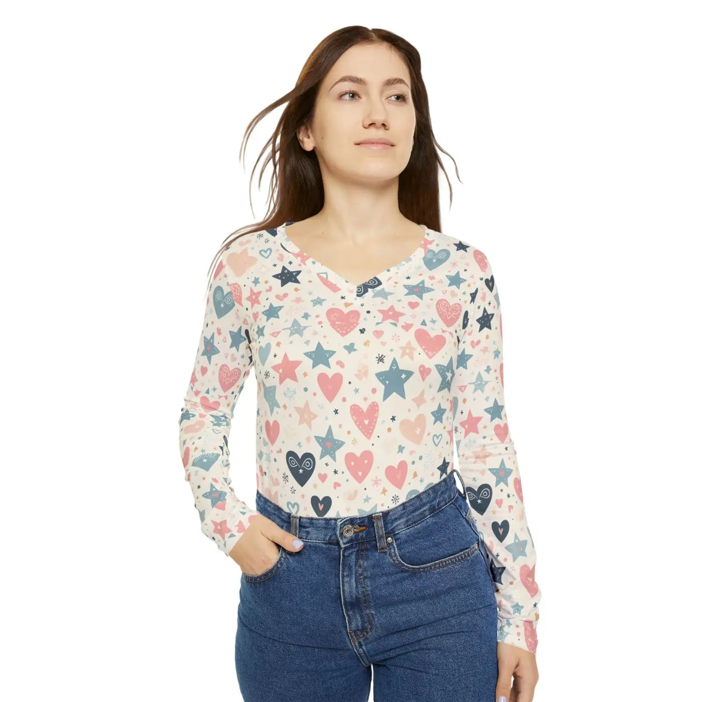 Stylish Pastel Hearts Long Sleeve V-Neck Tee - DipaliZ