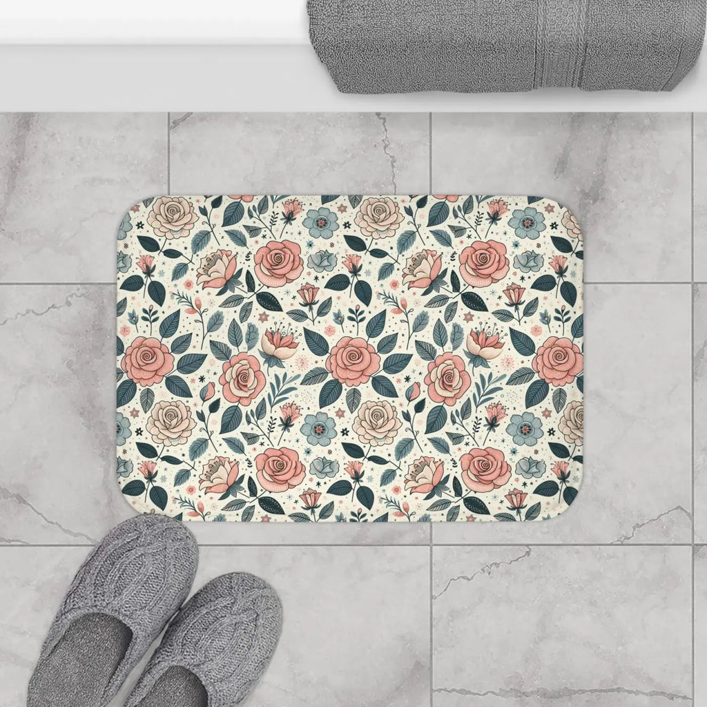 Rose Bath Mat - Elegant Pastel Floral Anti-Slip Backing - DipaliZ