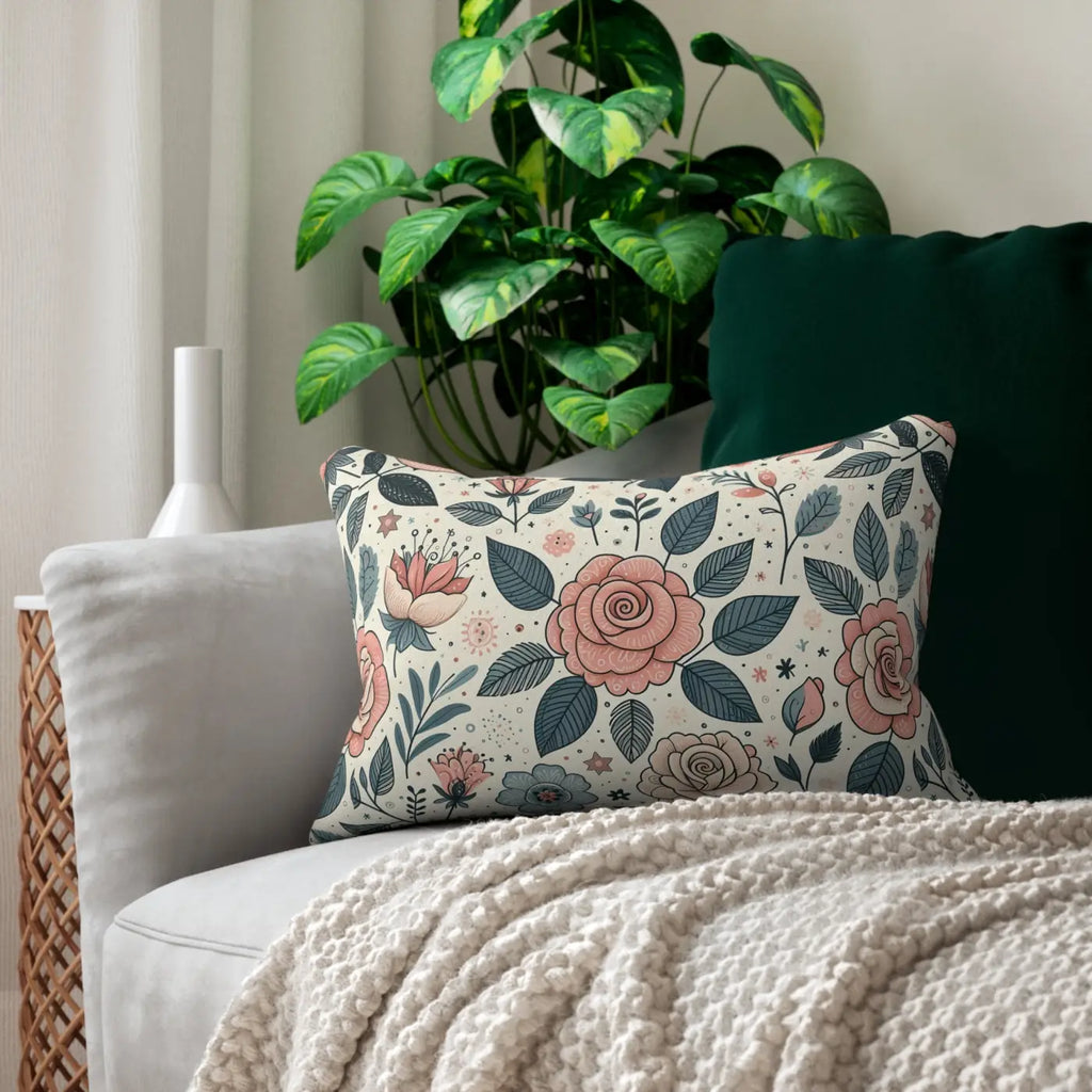 Pastel Rose Flowers Lumbar Pillow - Spun Polyester Decor - DipaliZ