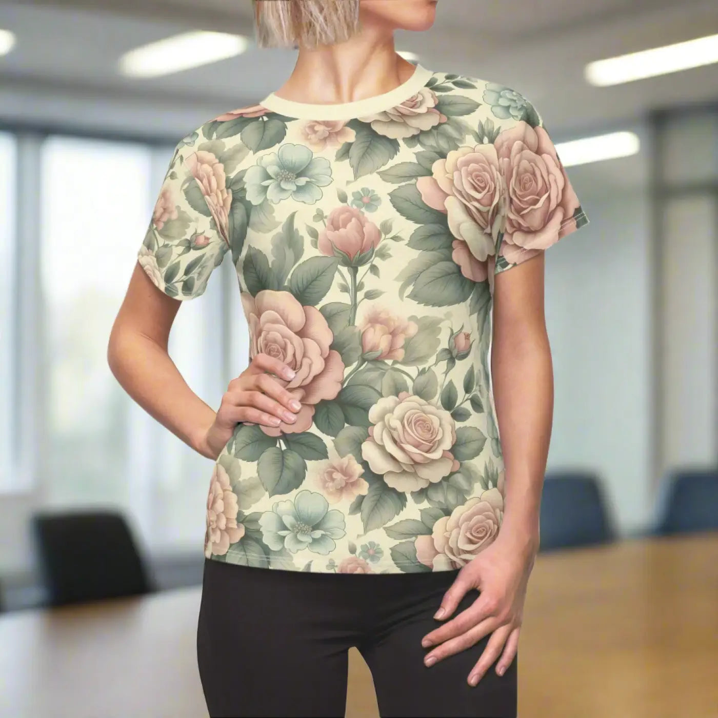 Pastel Roses Cut and Sew Tee - Polyester Blend - DipaliZ