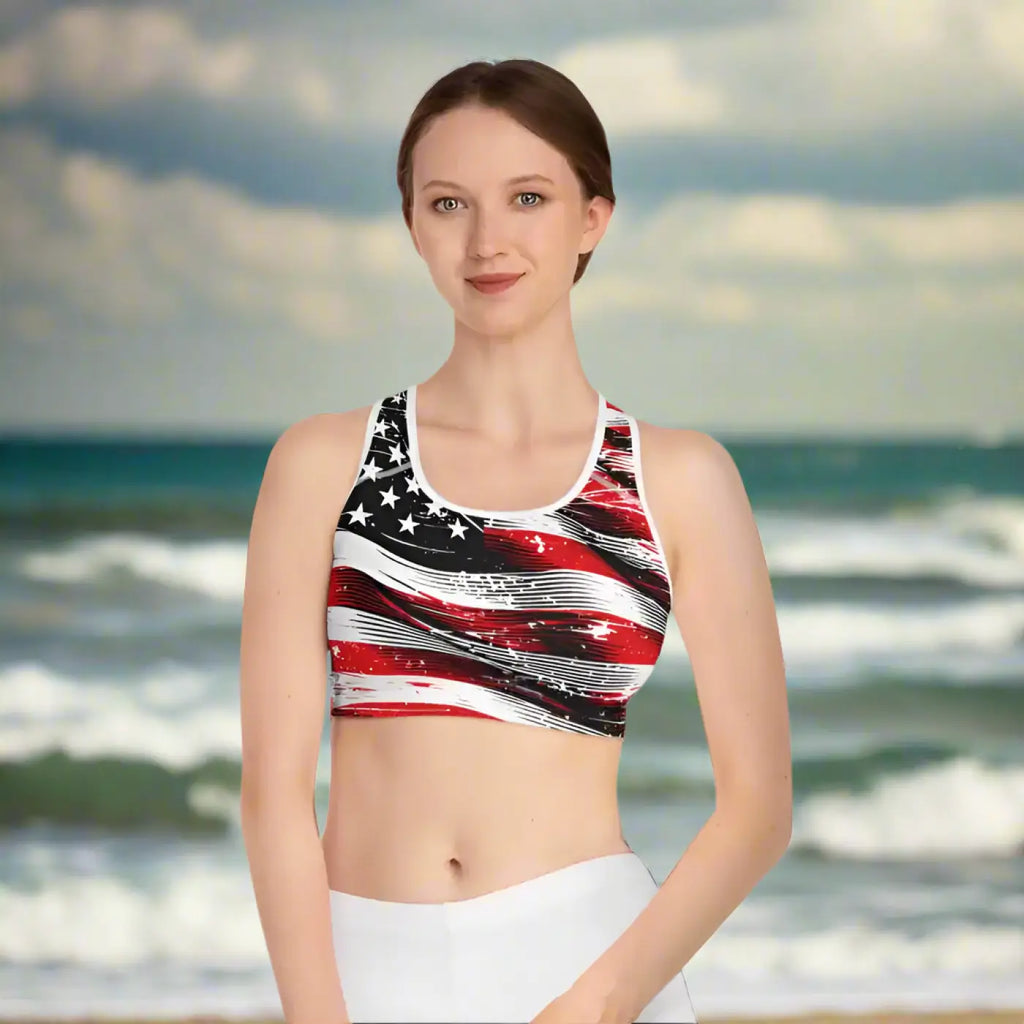 Patriotic Sports Bra - Blue Flag Print Ultimate Support - DipaliZ