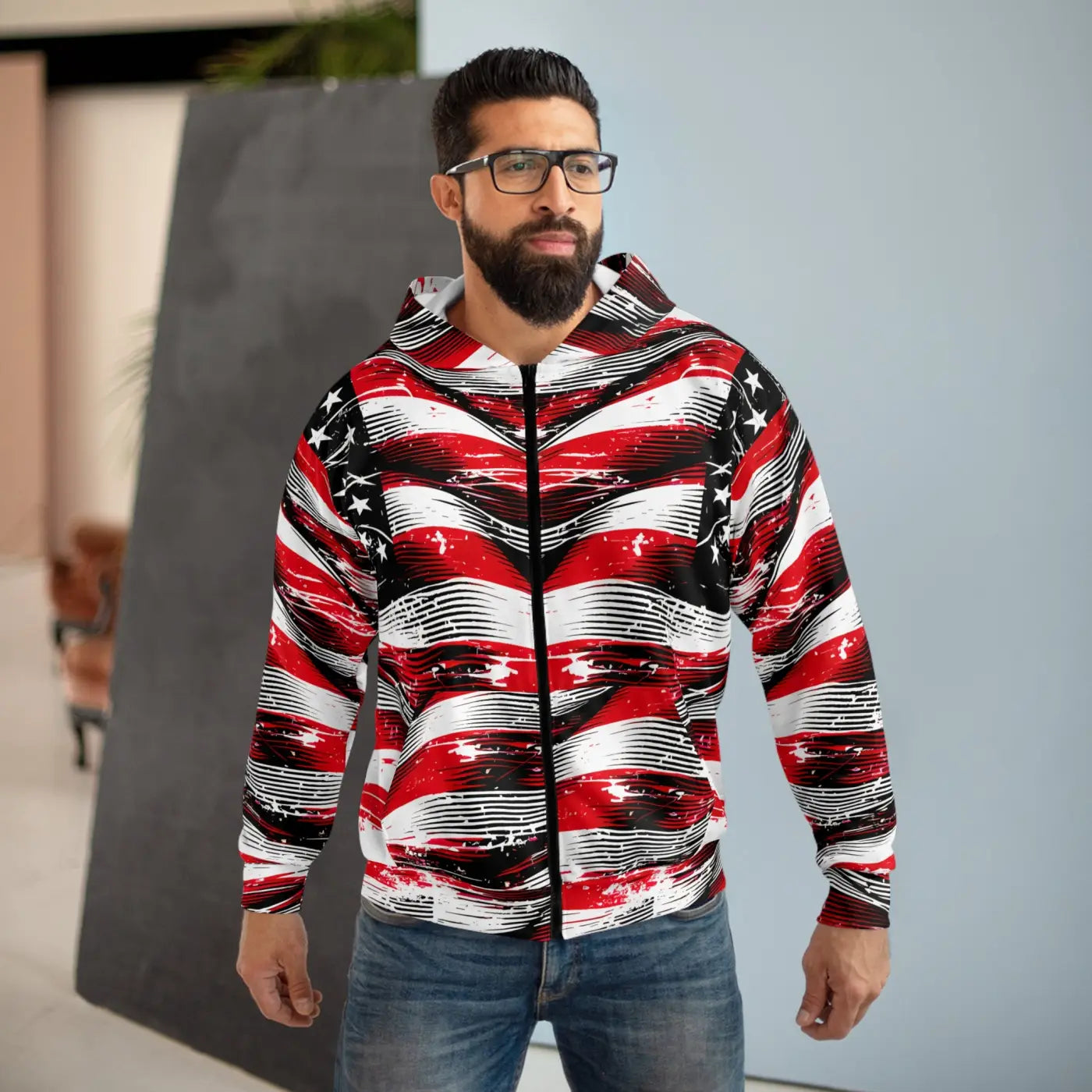 Unisex Zip Hoodie - Distressed American Flag Patriotic Style - DipaliZ