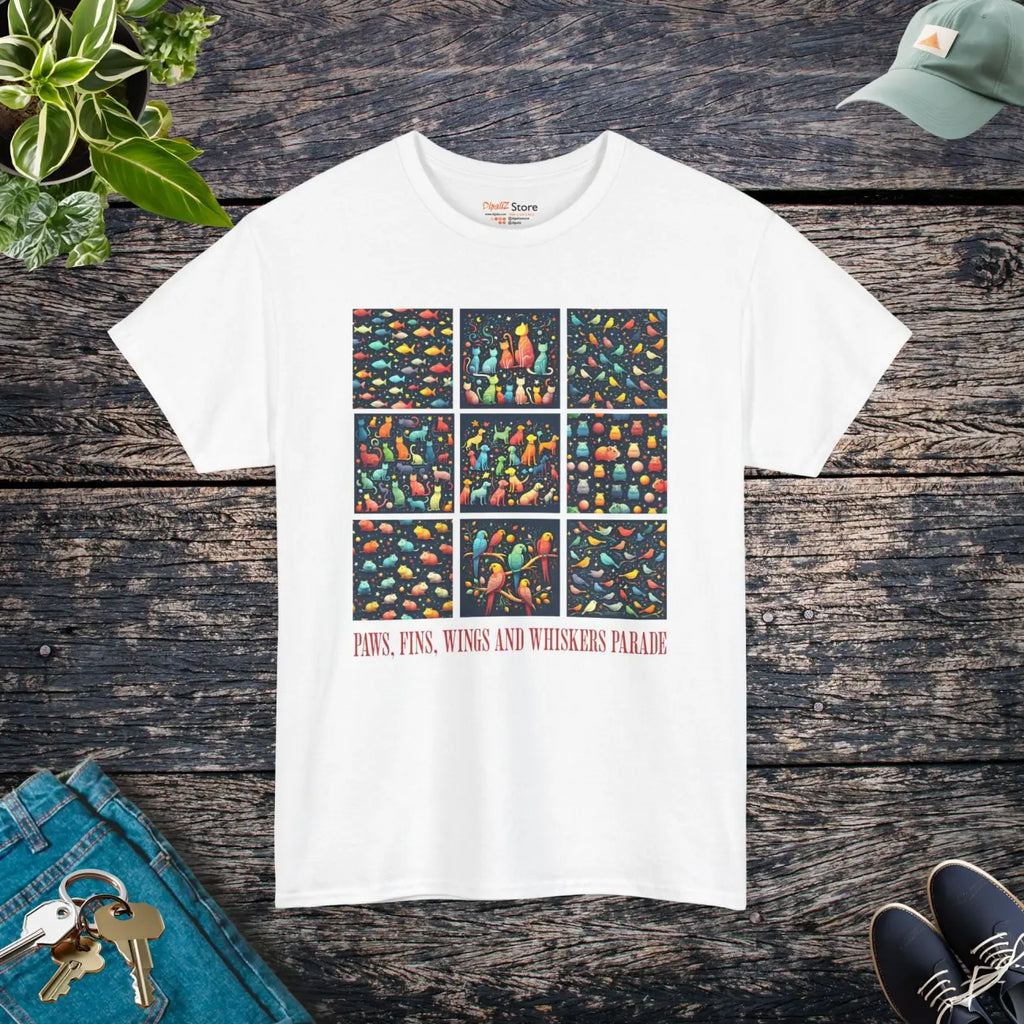 Wild Heavy Cotton Tee - Paws Fins Wings Whiskers Print - DipaliZ