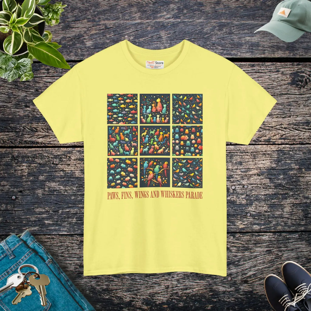 Wild Heavy Cotton Tee - Paws Fins Wings Whiskers Print - DipaliZ