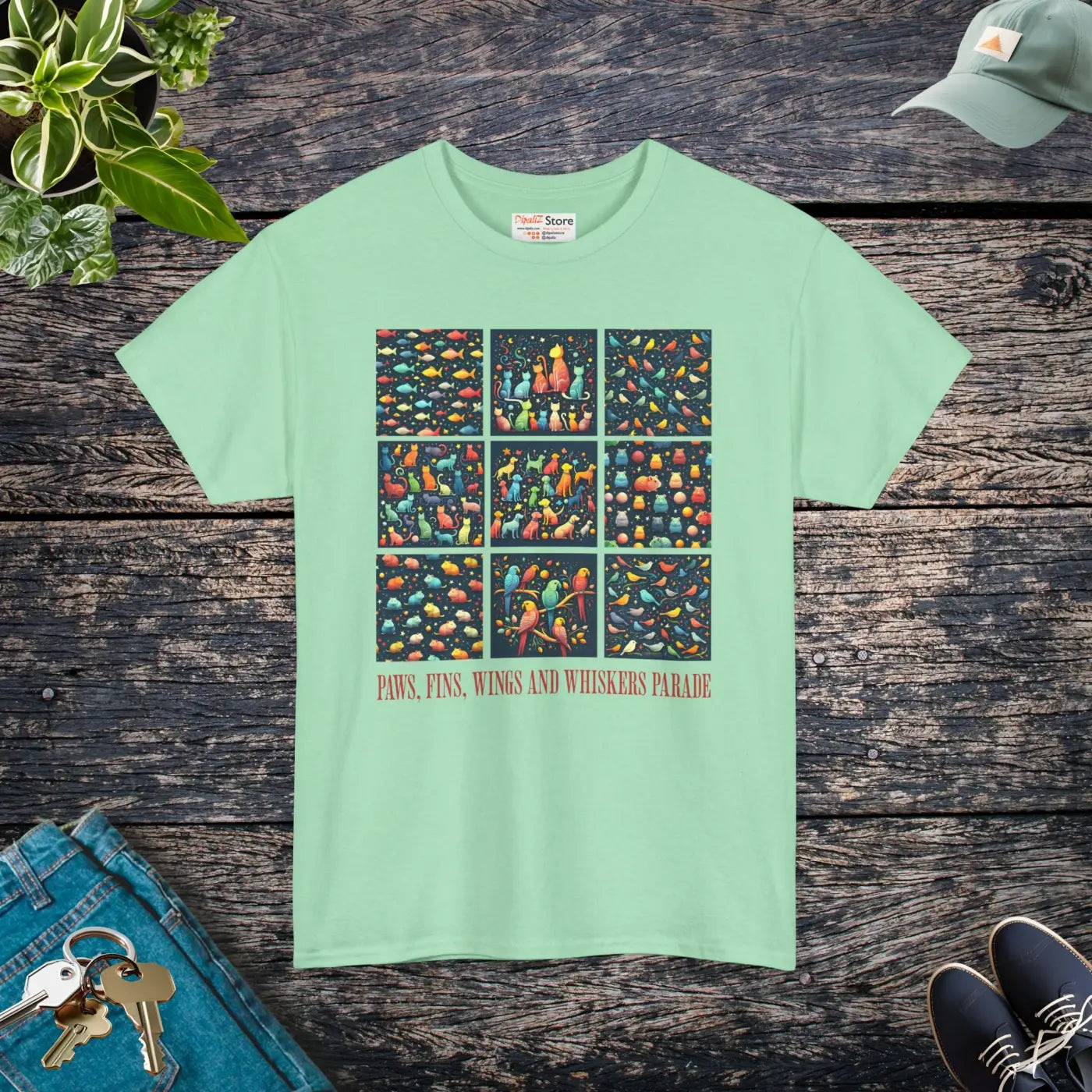 Wild Heavy Cotton Tee - Paws Fins Wings Whiskers Print - DipaliZ
