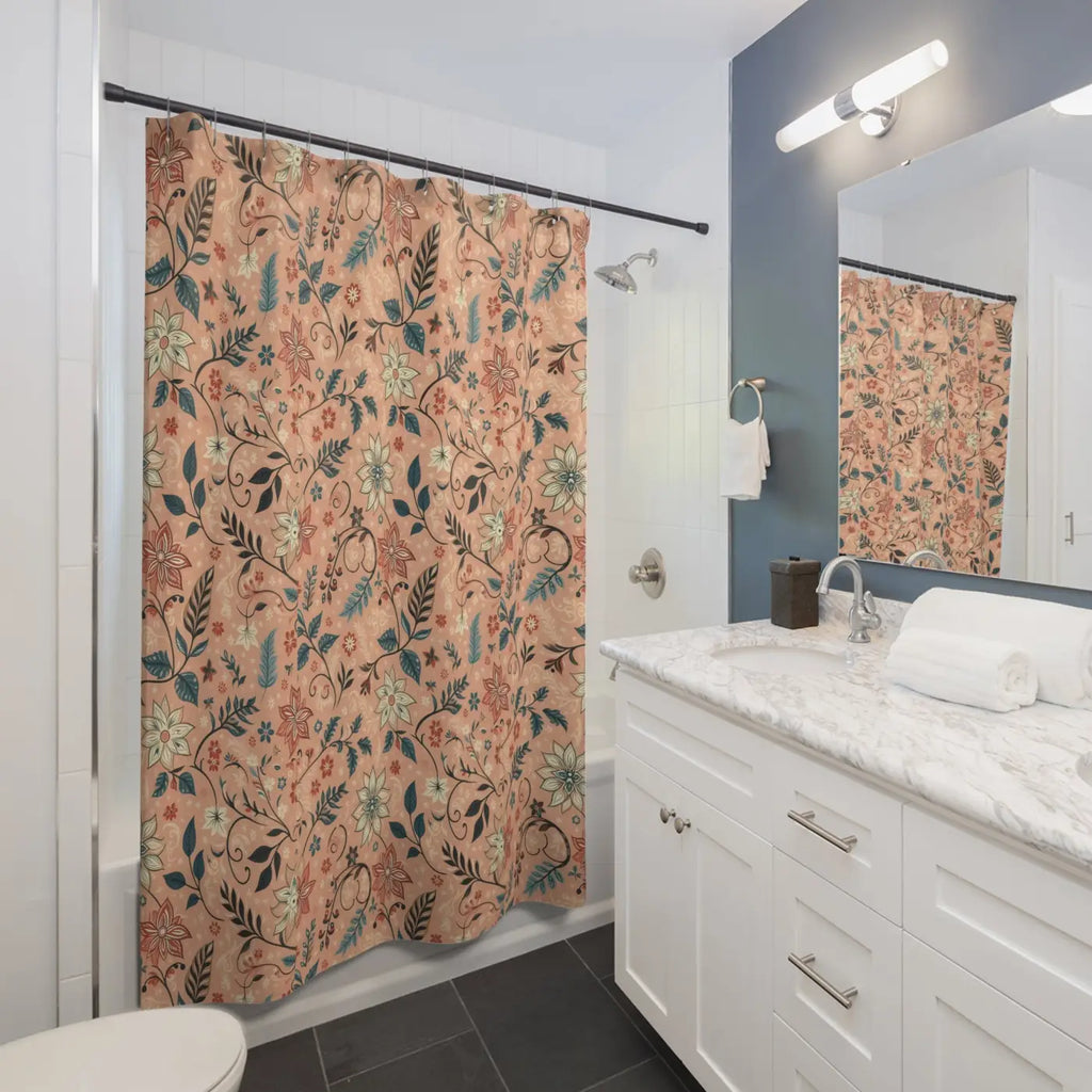 Peach Floral Shower Curtain - Durable Polyester Bathroom - DipaliZ
