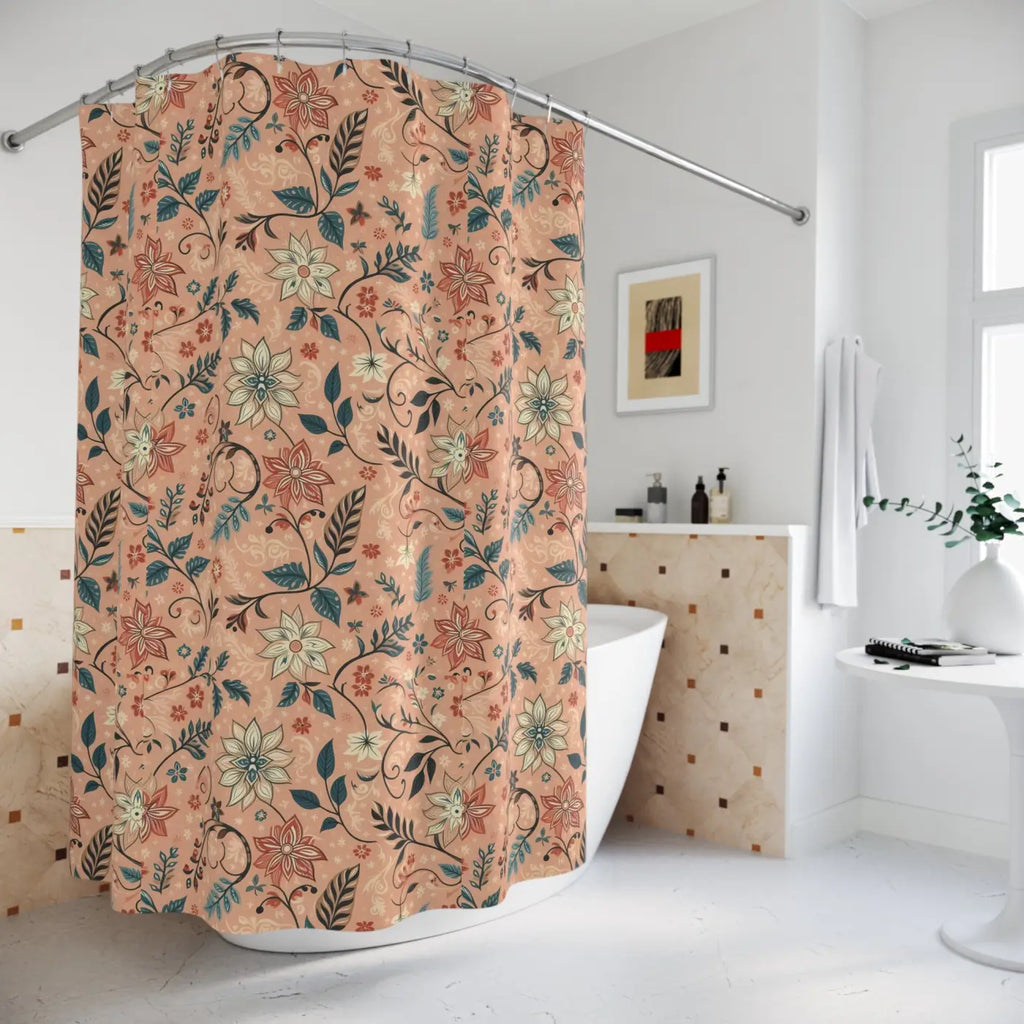 Peach Floral Shower Curtain - Durable Polyester Bathroom - DipaliZ