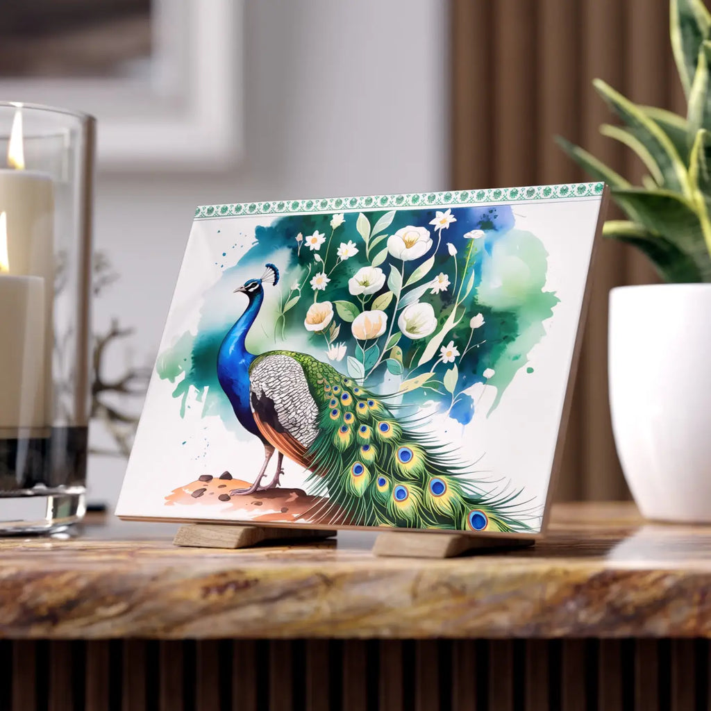 Vibrant Peacock Ceramic Photo Tile - Wall Decor - DipaliZ