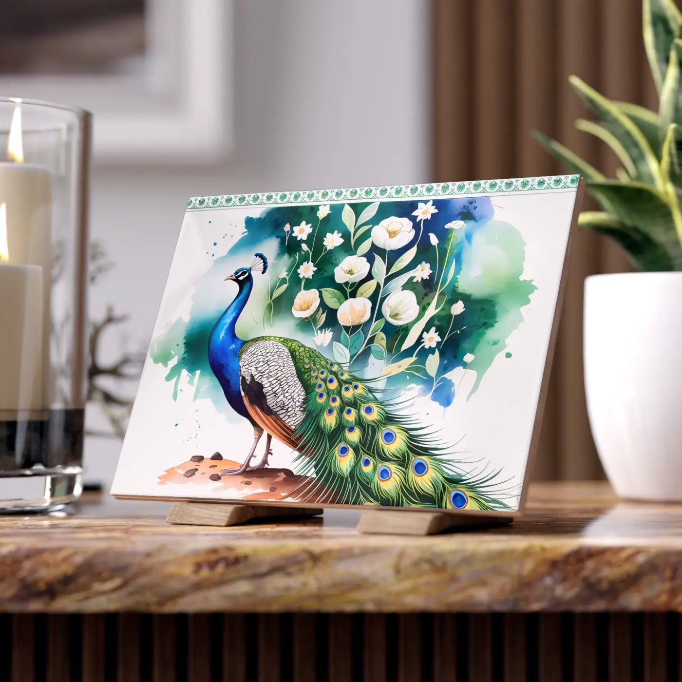 Vibrant Peacock Ceramic Photo Tile - Wall Decor - DipaliZ