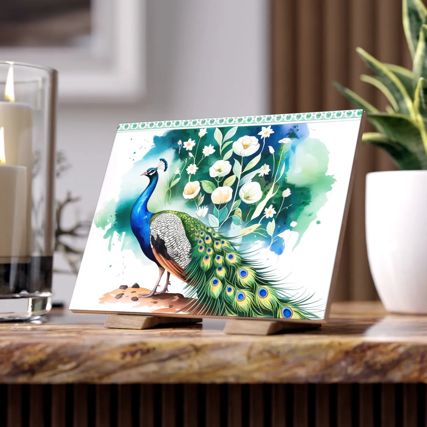 Vibrant Peacock Ceramic Photo Tile - Wall Decor - DipaliZ