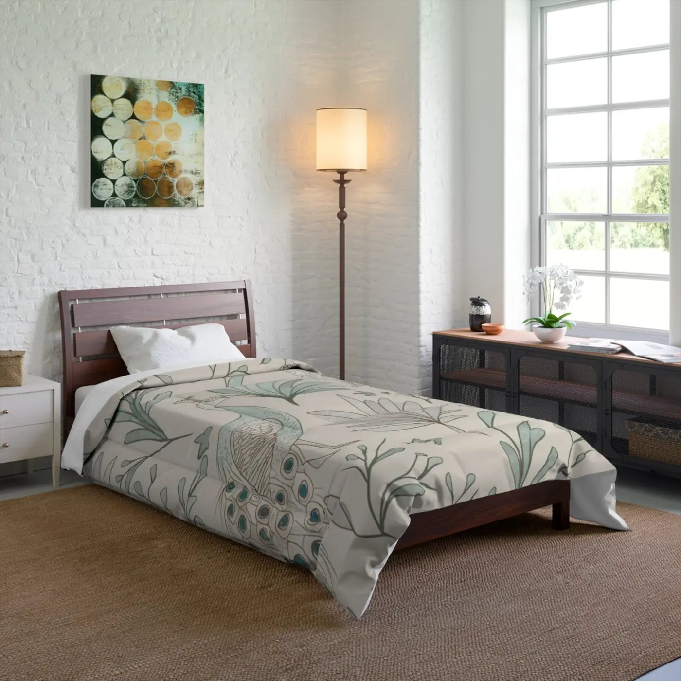 Peacock Comforter - One Sided Print with Solid Bright White - DipaliZ