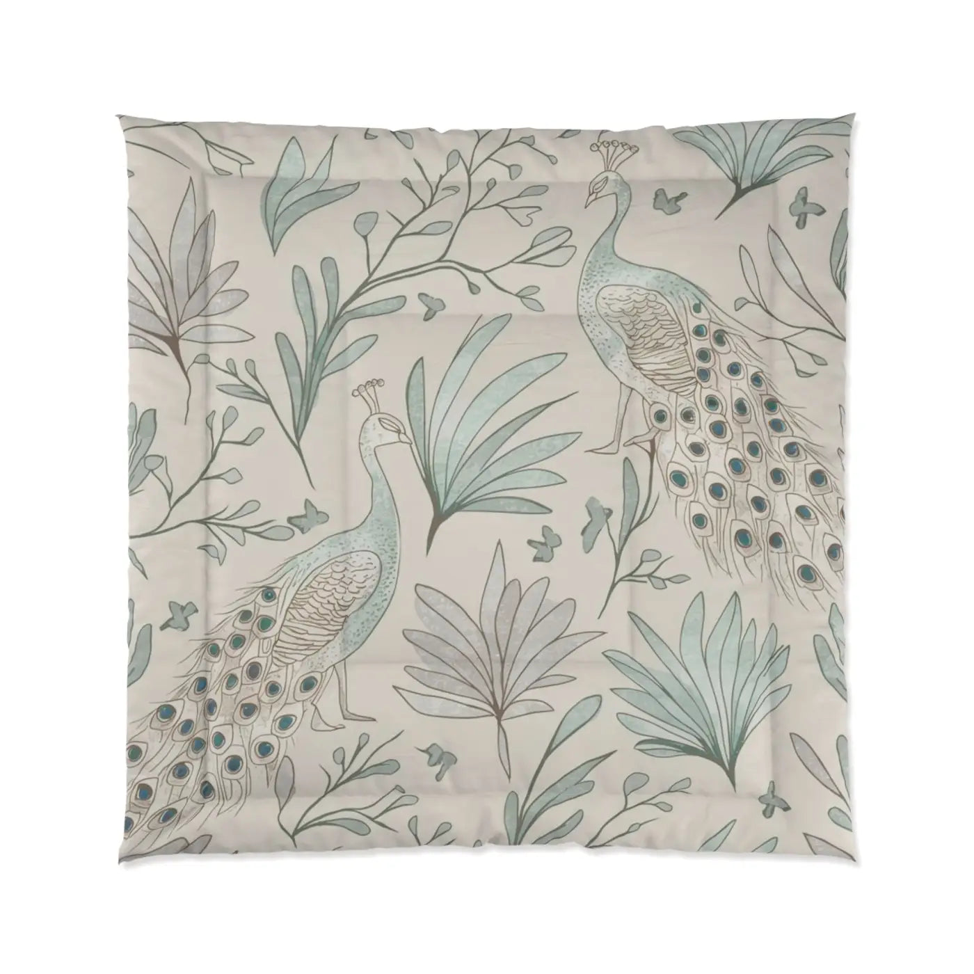 Peacock Comforter - One Sided Print with Solid Bright White - DipaliZ