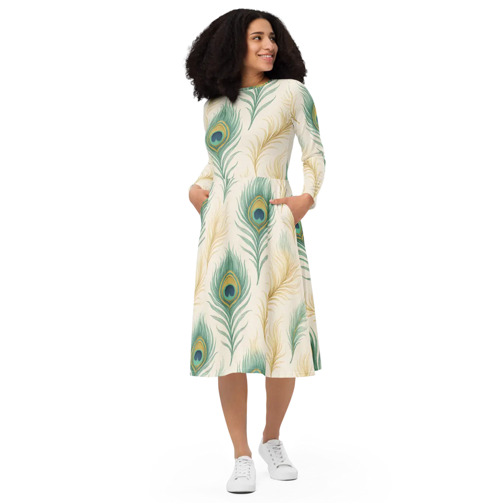 Flattering Long Sleeve Midi Dress - Peacock Feathers - DipaliZ