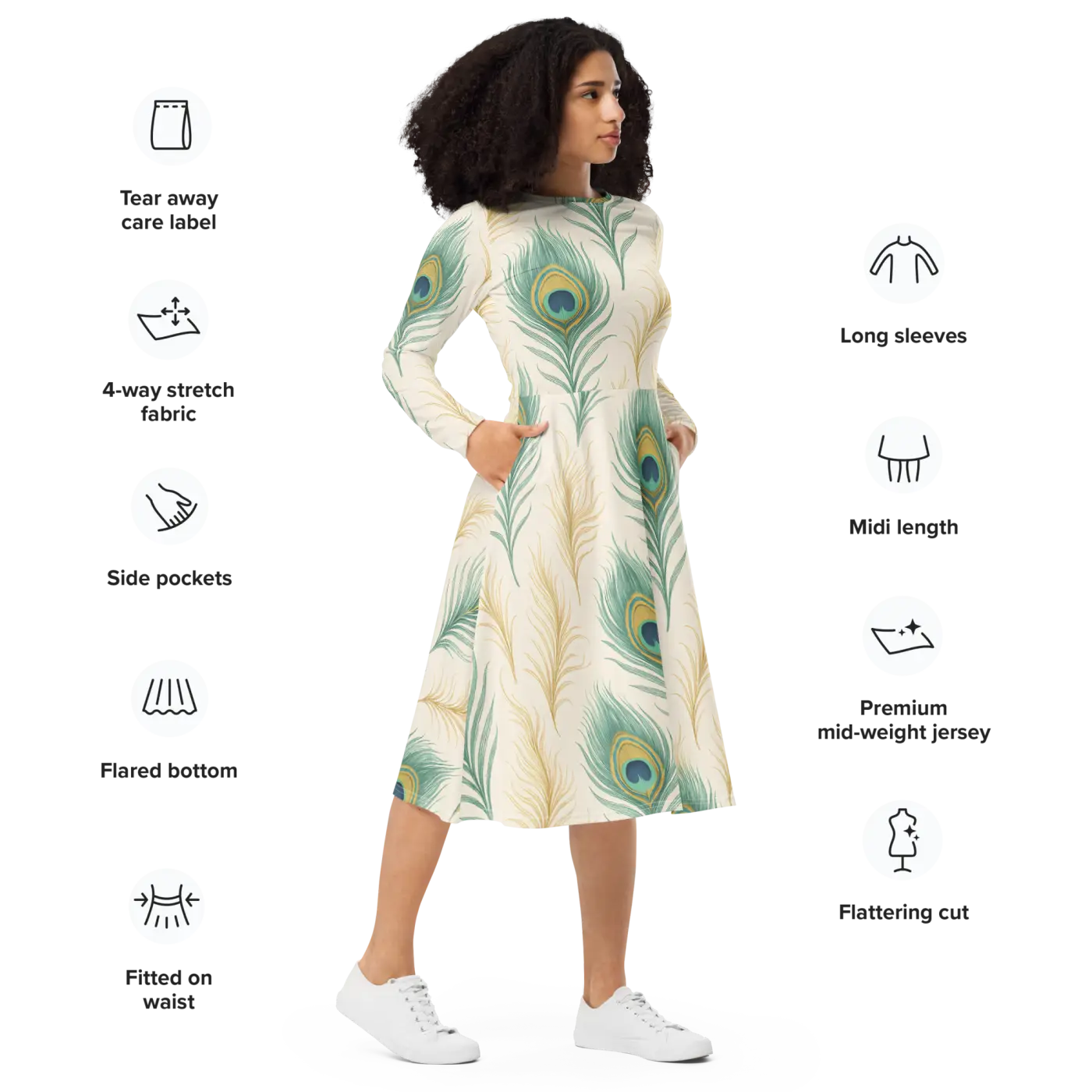 Flattering Long Sleeve Midi Dress - Peacock Feathers - DipaliZ