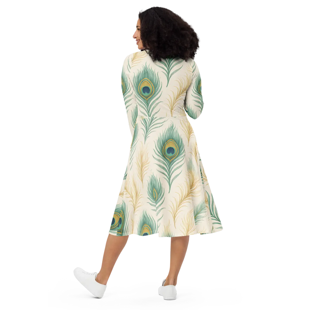 Flattering Long Sleeve Midi Dress - Peacock Feathers - DipaliZ