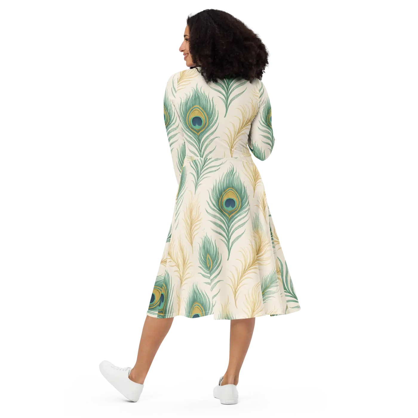 Flattering Long Sleeve Midi Dress - Peacock Feathers - DipaliZ