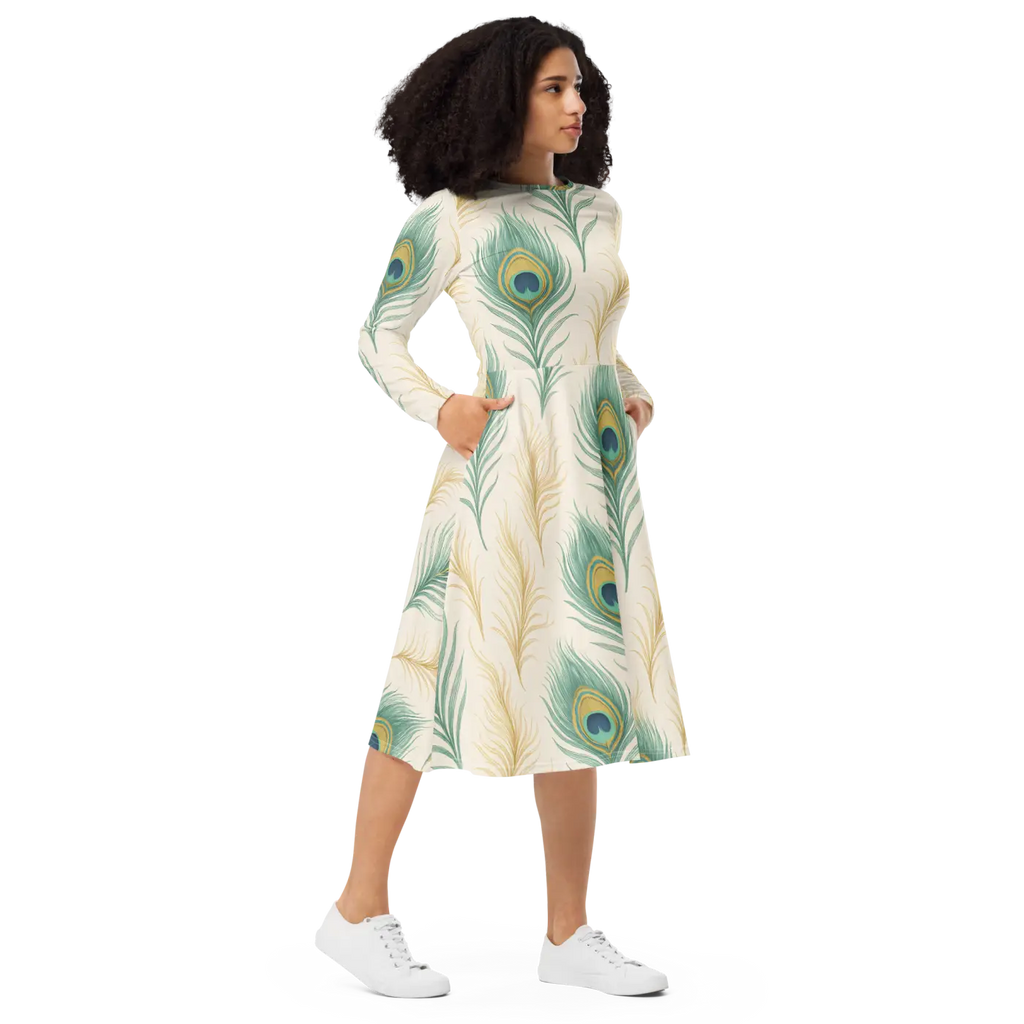 Flattering Long Sleeve Midi Dress - Peacock Feathers - DipaliZ