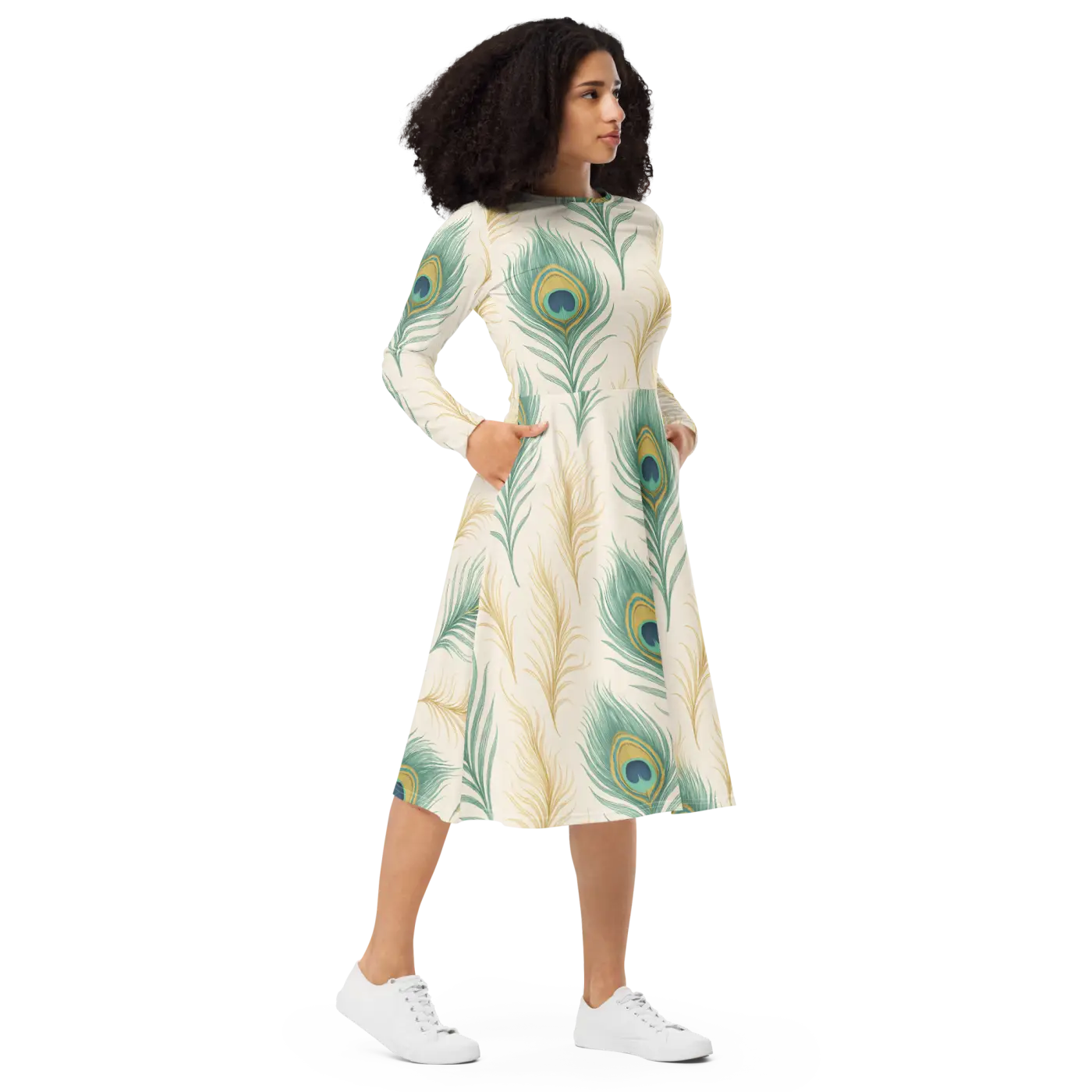 Flattering Long Sleeve Midi Dress - Peacock Feathers - DipaliZ