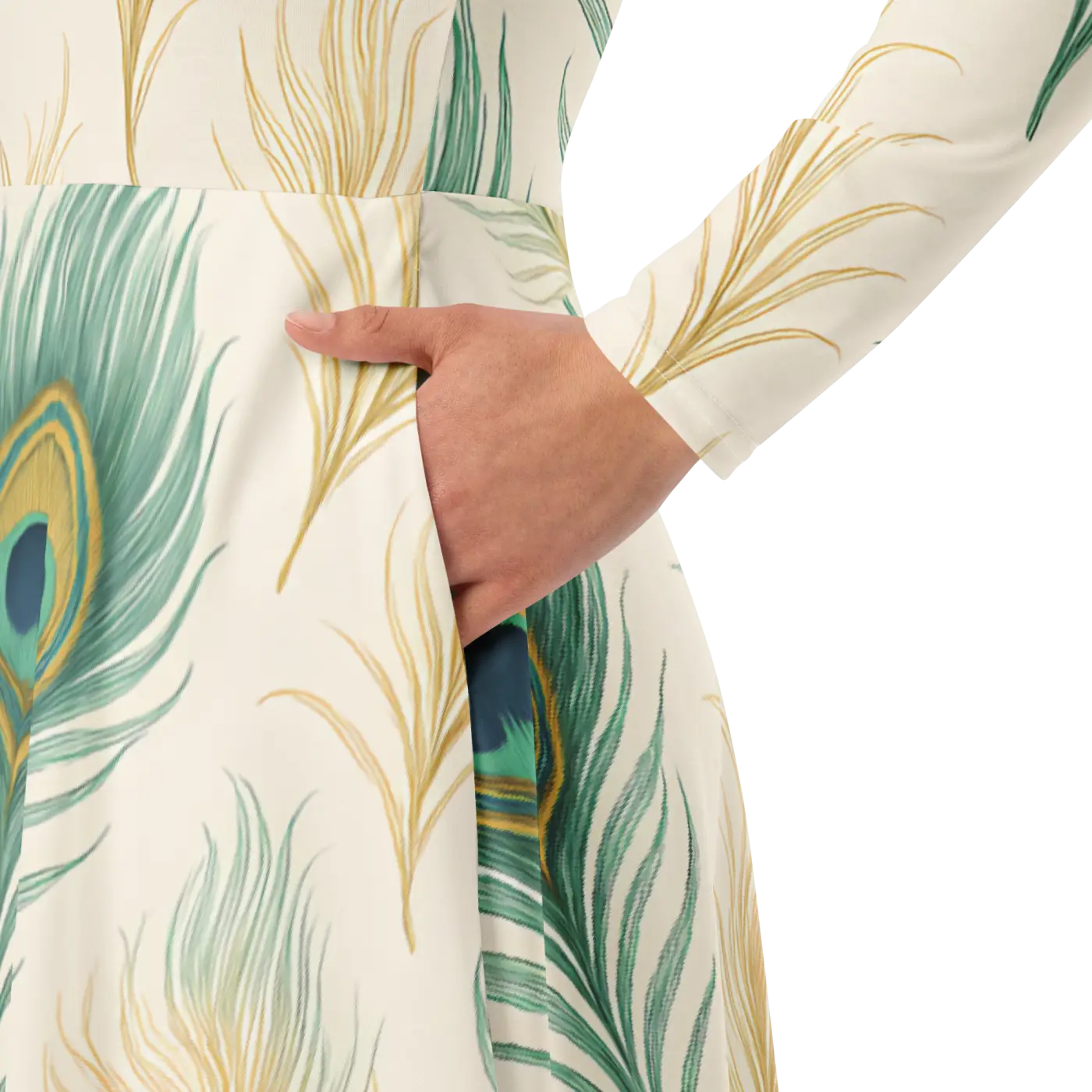 Flattering Long Sleeve Midi Dress - Peacock Feathers - DipaliZ