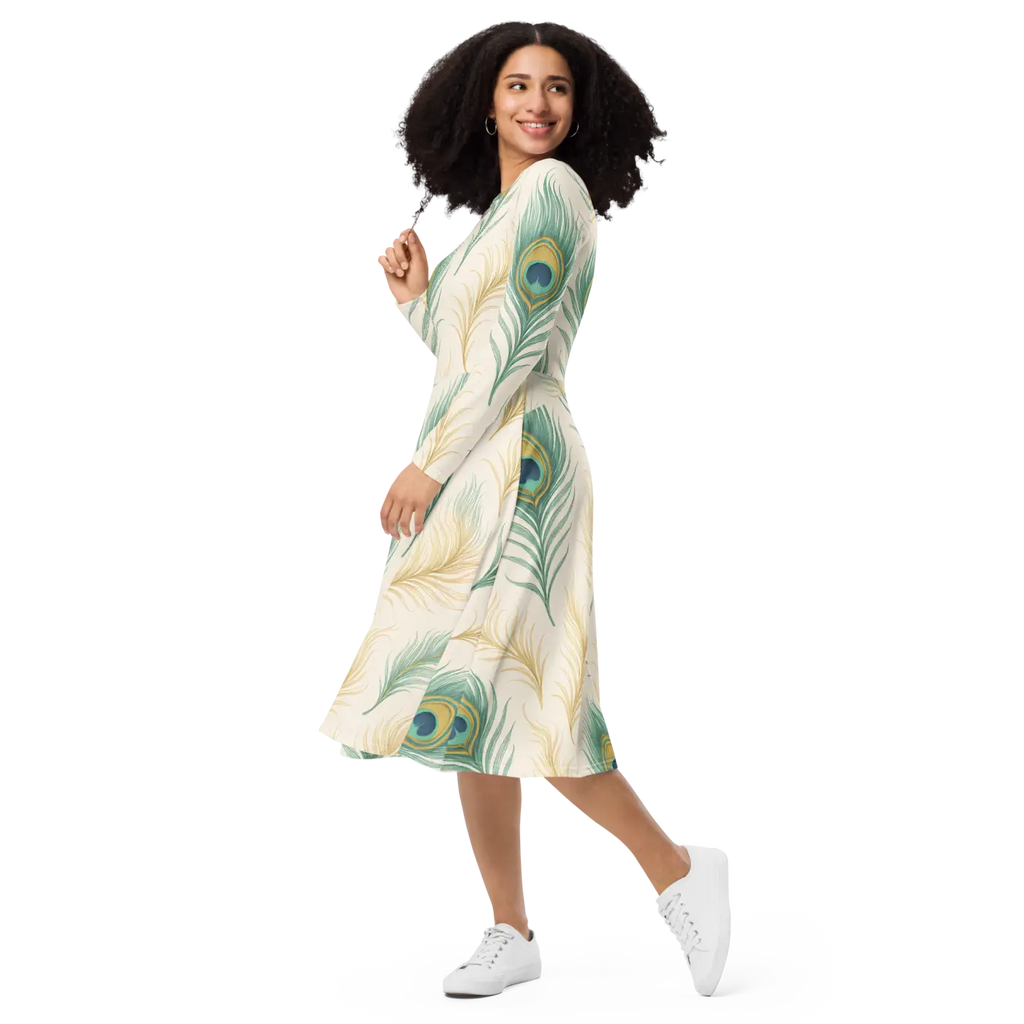 Flattering Long Sleeve Midi Dress - Peacock Feathers - DipaliZ