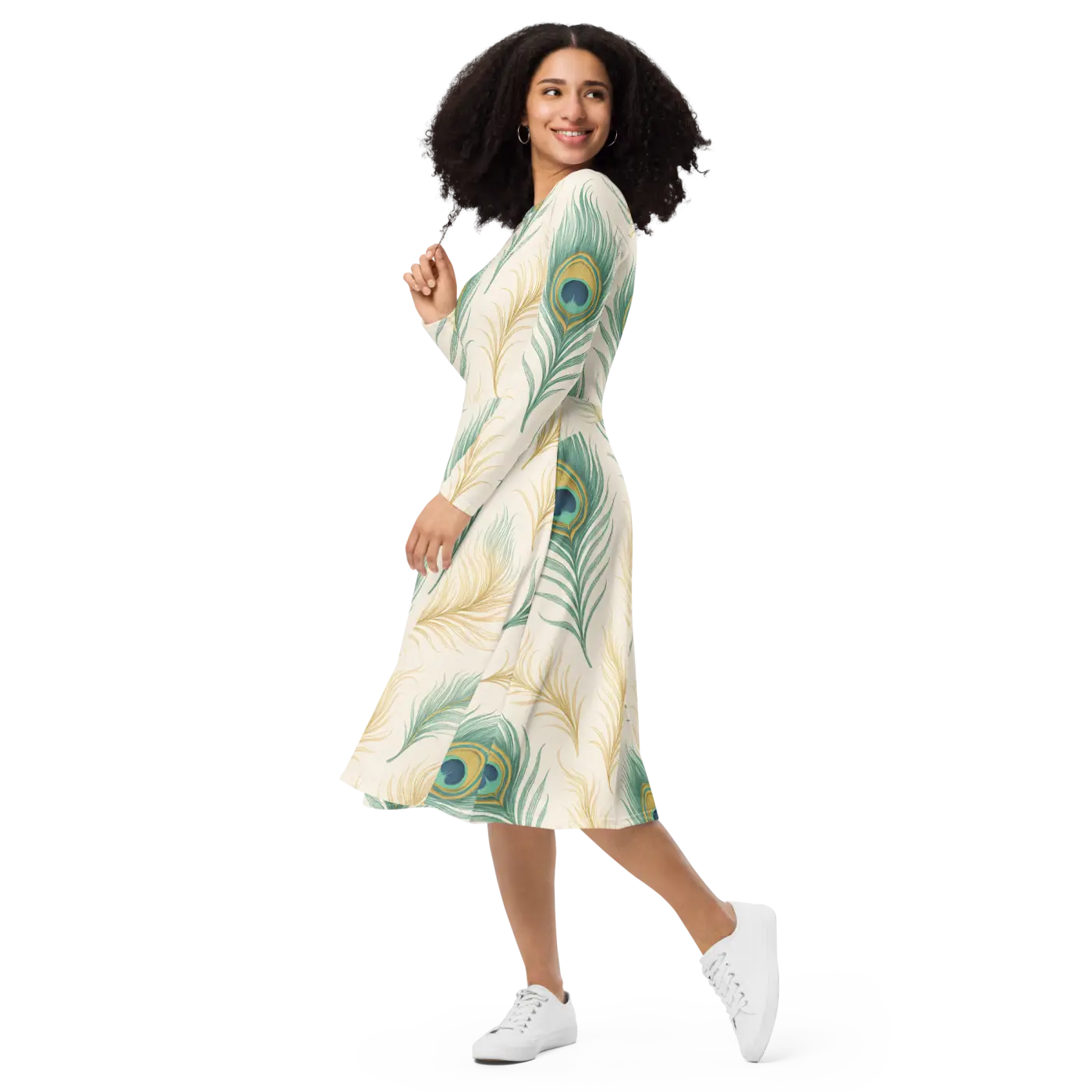 Flattering Long Sleeve Midi Dress - Peacock Feathers - DipaliZ