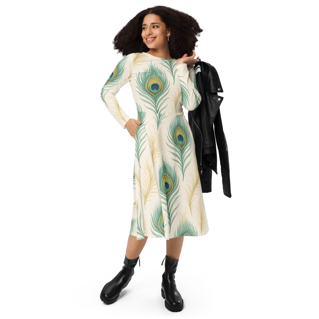 Flattering Long Sleeve Midi Dress - Peacock Feathers - DipaliZ