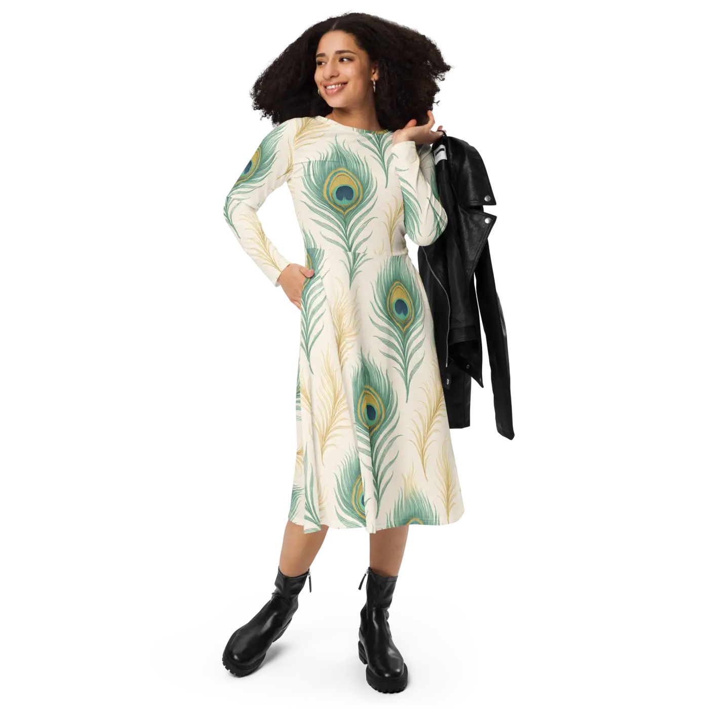 Flattering Long Sleeve Midi Dress - Peacock Feathers - DipaliZ