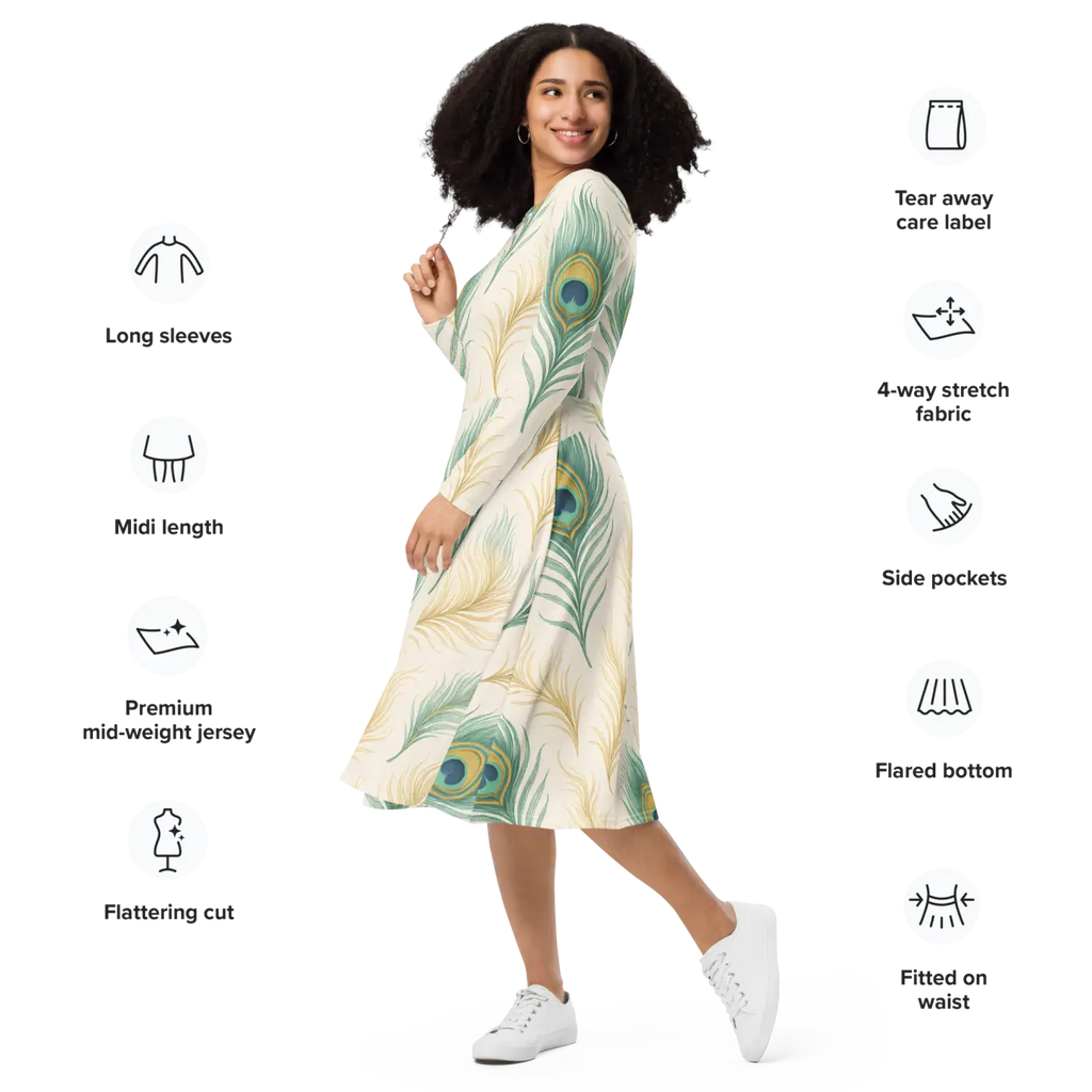 Flattering Long Sleeve Midi Dress - Peacock Feathers - DipaliZ