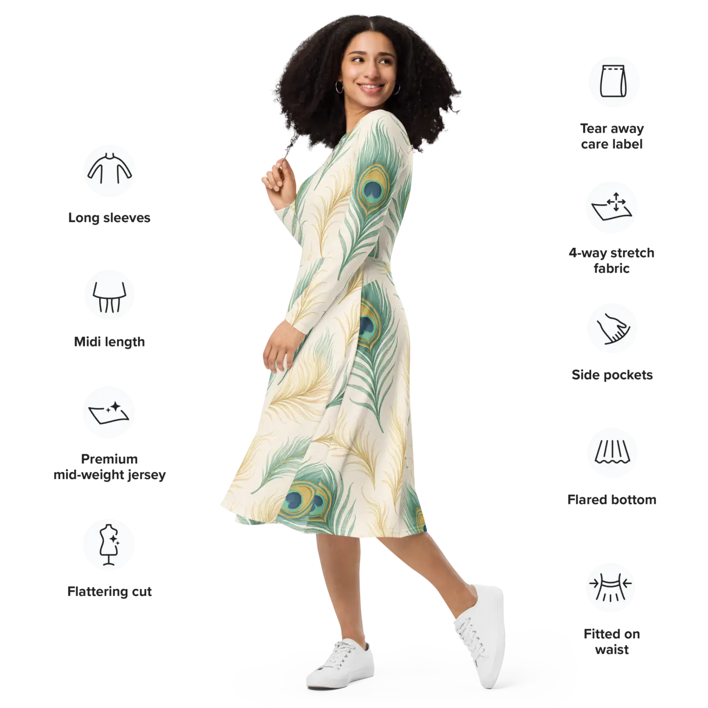 Flattering Long Sleeve Midi Dress - Peacock Feathers - DipaliZ