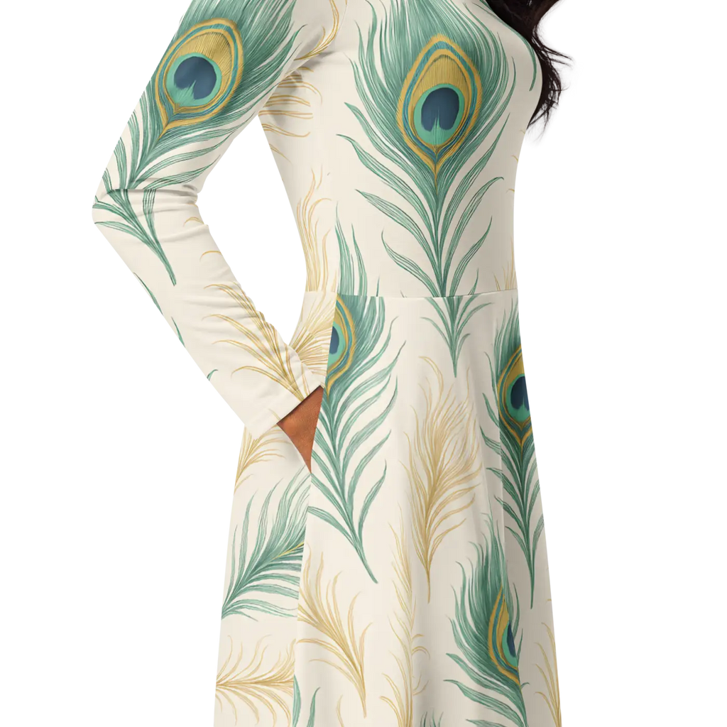 Flattering Long Sleeve Midi Dress - Peacock Feathers - DipaliZ
