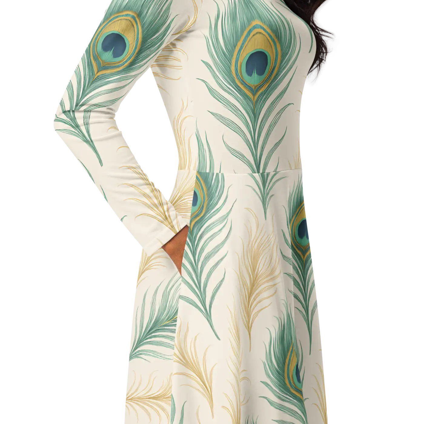 Flattering Long Sleeve Midi Dress - Peacock Feathers - DipaliZ