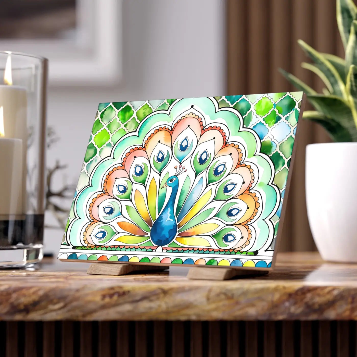 Vibrant Peacock Ceramic Photo Tile - Wall Decor - DipaliZ