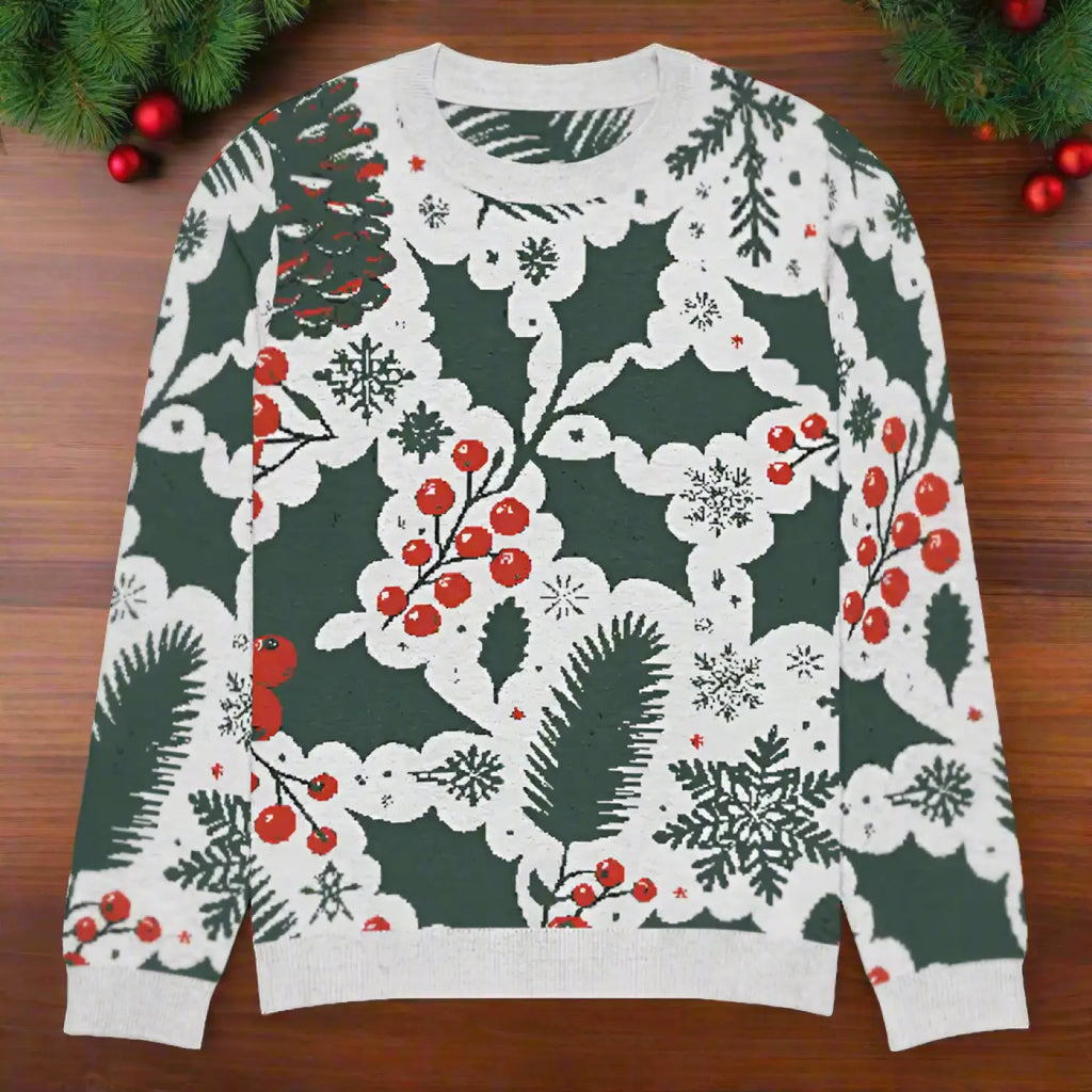 Knitted Crew Neck - Pine Leaves and Christmas Berries - DipaliZ